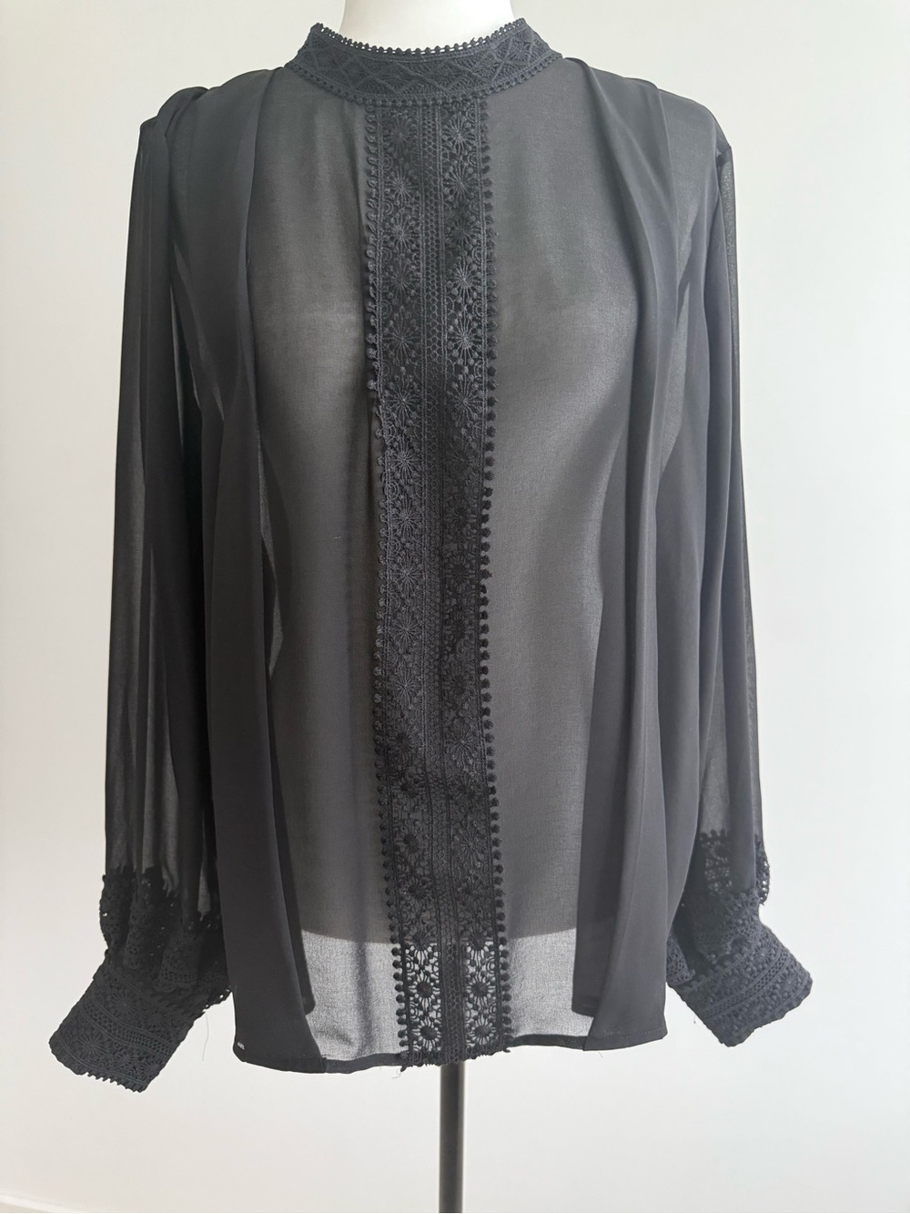 RW&CO. Black Sheer Lace-Trim Long Sleeve Blouse